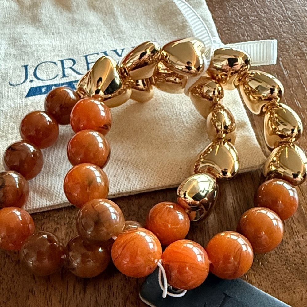 J. Crew Amber Gold and Brown Bracelet Duo Dust Bag Preppy Going Out Date Casual - Picture 2 of 3
